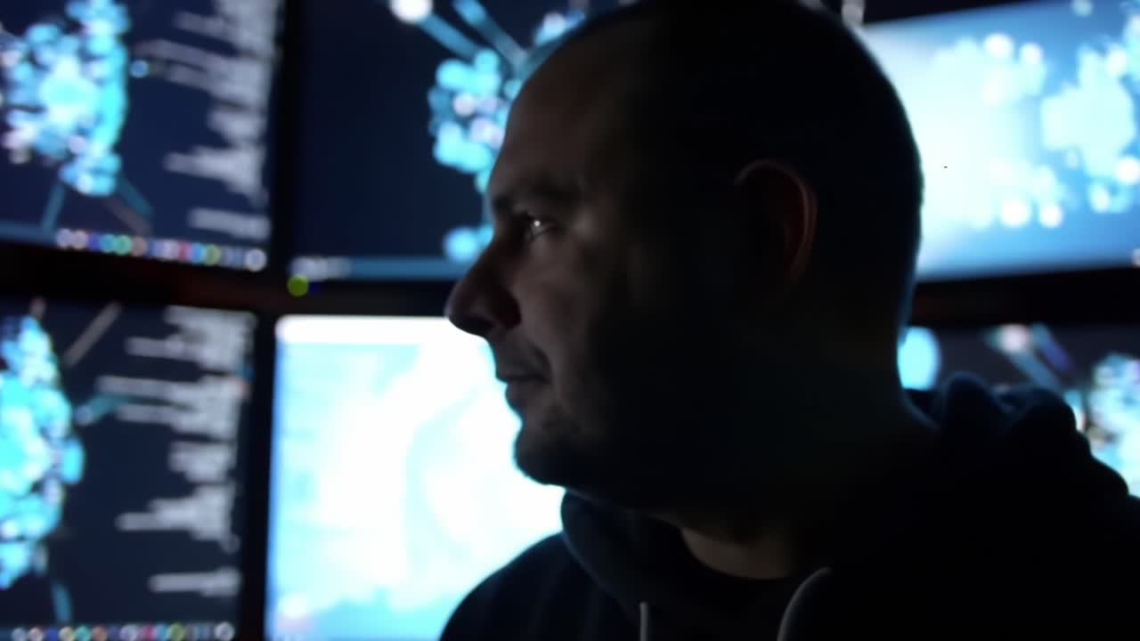 A Deep Dive into Cybersecurity: An Introspective Moment of a Professional Analyzing Complex Data Visualizations in a Dimly Lit Control Room