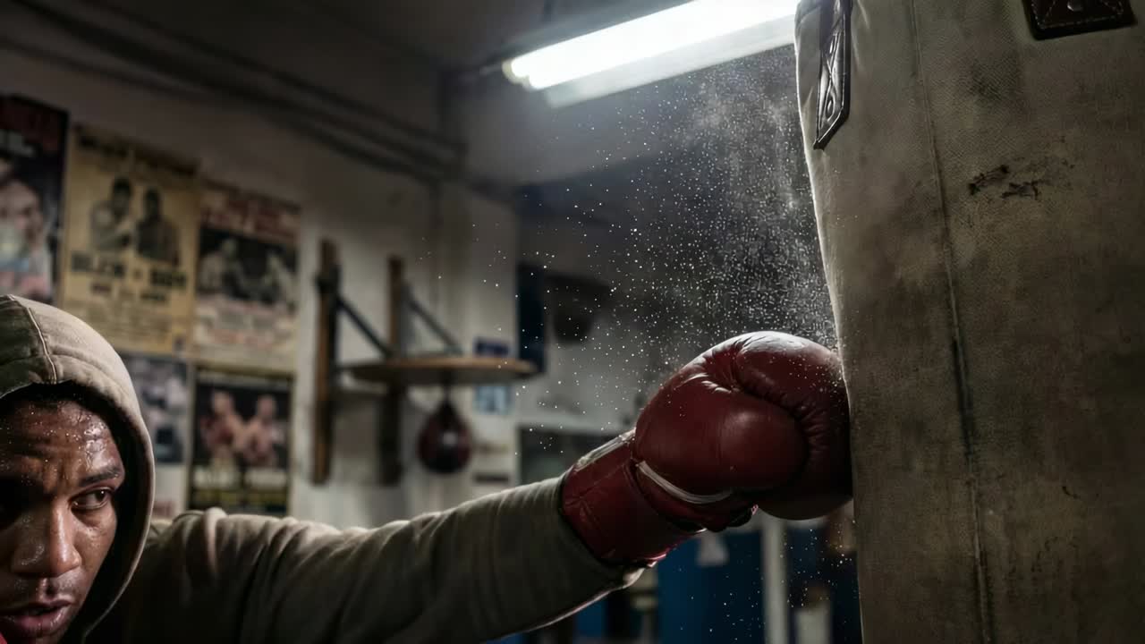 Connecting right fist into heavy bag, hooded boxer with red gloves building technique at small gym