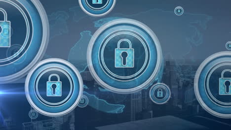 composition of online security padlocks over globe and cityscape