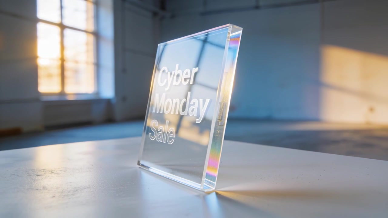 Tilting acrylic plaque reading Cyber Monday Sale on white table camera moving casting rainbow edge