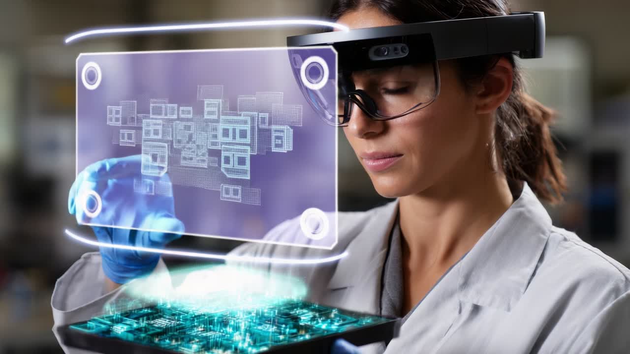 A focused researcher wearing augmented reality glasses carefully analyzes a holographic display of intricate circuits and data overlays, showcasing advancements in technology and innovation in scientific research