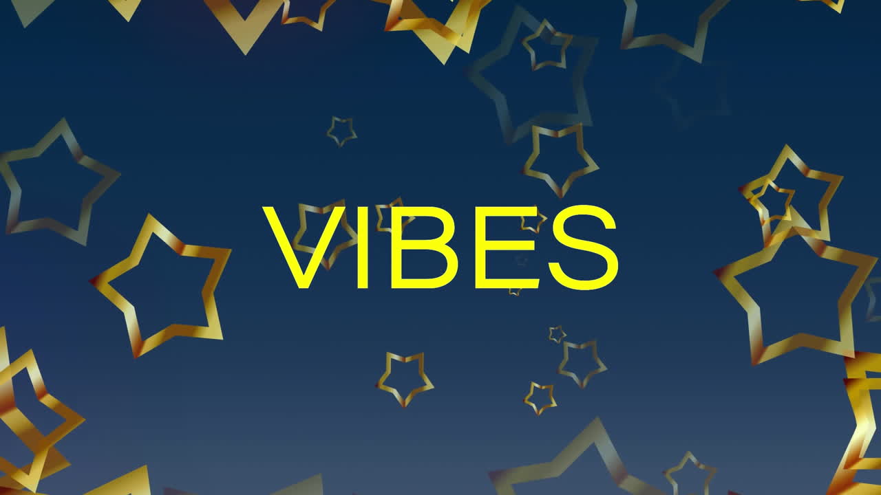 Animação de texto "vibes" sobre estrelas em fundo azul