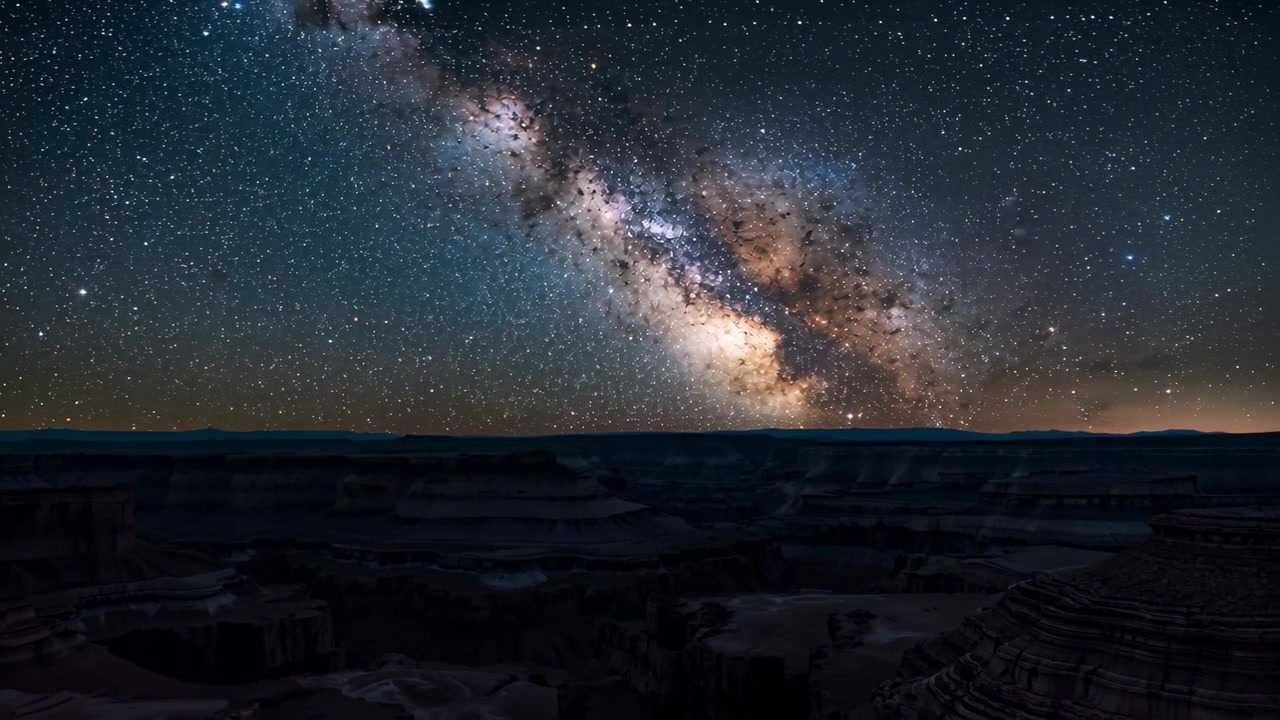 Timelapse starter, Melkeveiens kjerne forskyver seg over en nattlig canyon, illustrerer tilsynelatende himmelrotasjon.