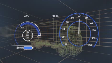 animation of digital dashboard data processing over truck icon in seamless pattern