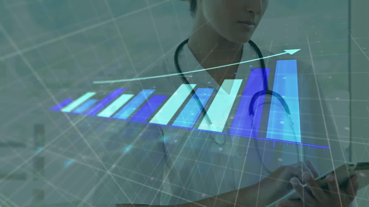 animación de las estadísticas y el procesamiento de datos financieros sobre la doctora caucásica