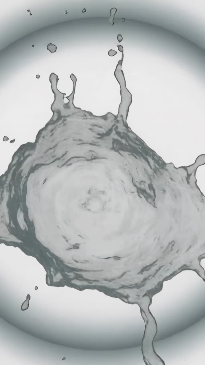 Vertical video: Drop hitting center splash expanding in studio forming swirl and jets settling disc