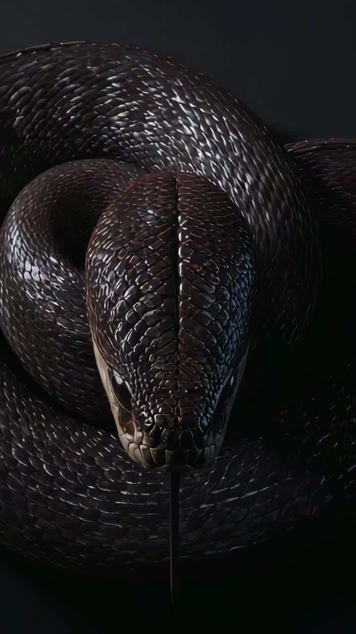 Video verticale: un serpente scuro e attorcigliato reagisce a una leggera illuminazione da studio muovendo la lingua biforcuta