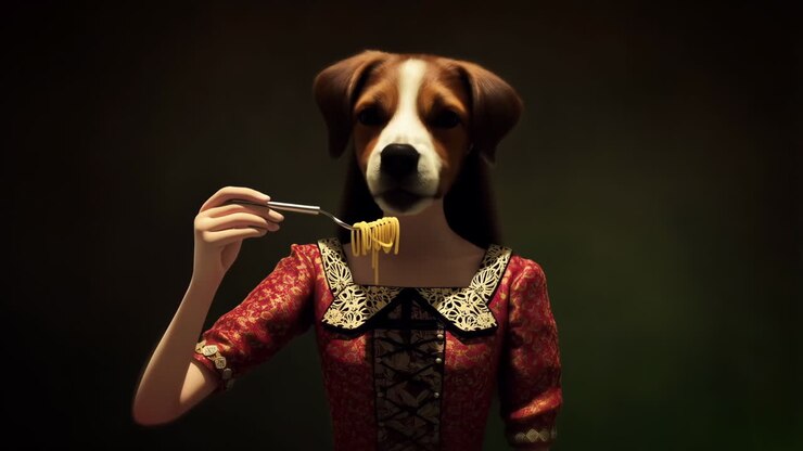 Figura surreale con testa di cane che mangia spaghetti