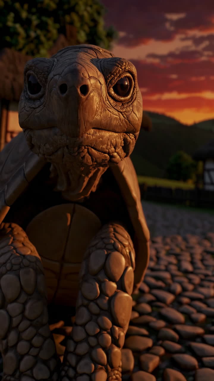 Giant Tortoise in a Medieval Village at Sunset