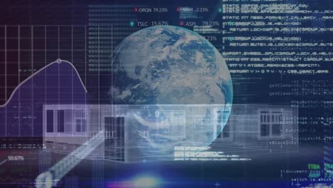 animation of globe, statistics and data processing over house