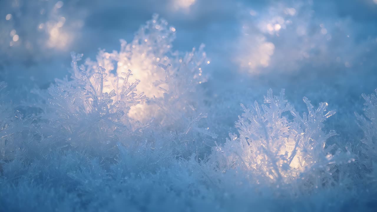Brightening frost crystals drawing camera closer and revealing fine branches on snow with warm glow