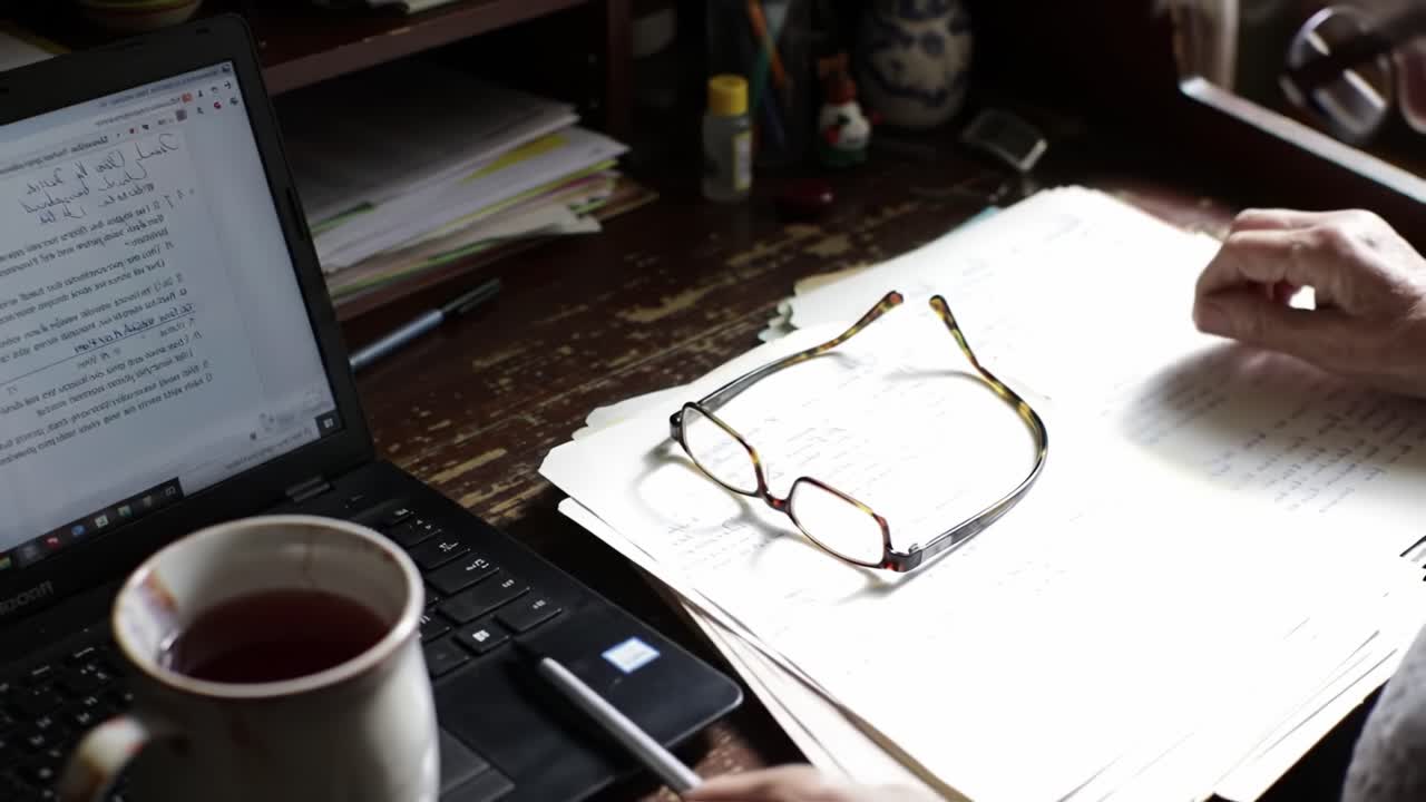 Un tranquillo momento di riflessione: una persona intenta a leggere e rivedere pagine di documenti mentre si gusta una bevanda calda alla scrivania