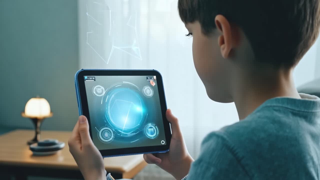 Boy playing augmented reality game on tablet
