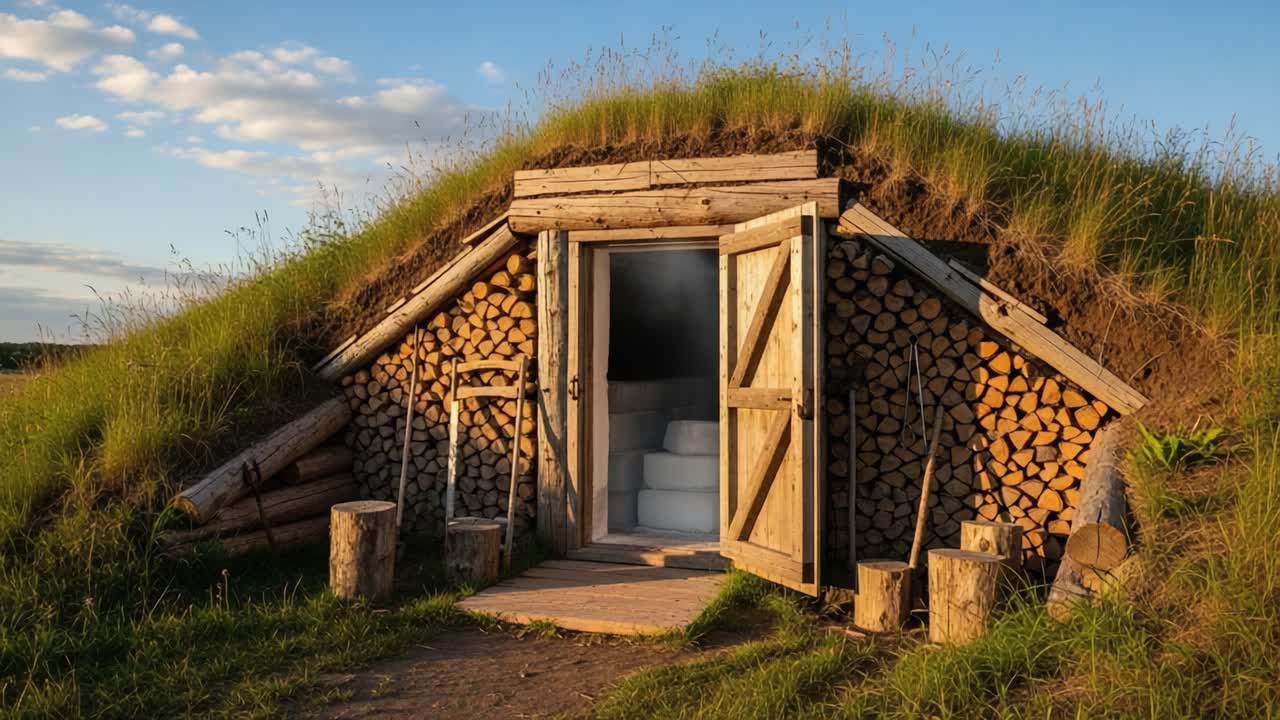A rustic wooden structure, reminiscent of traditional earth houses, showcases its inviting entrance and neatly stacked firewood, blending seamlessly with the surrounding greenery