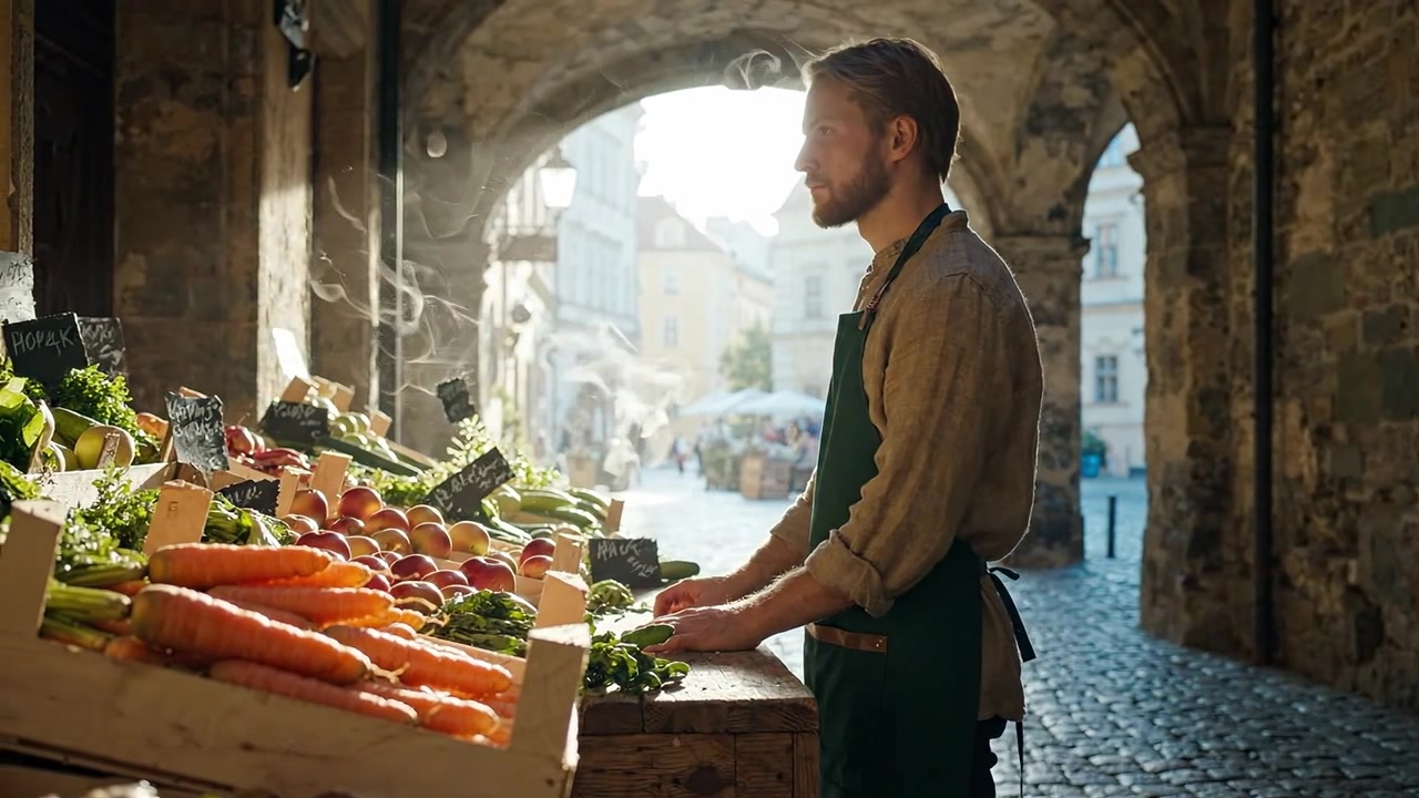 Een toegewijde verkoper die verse producten rangschikt bij een marktkraam, met levendige groenten en fruit in een charmante, historische omgeving met zacht ochtendlicht.