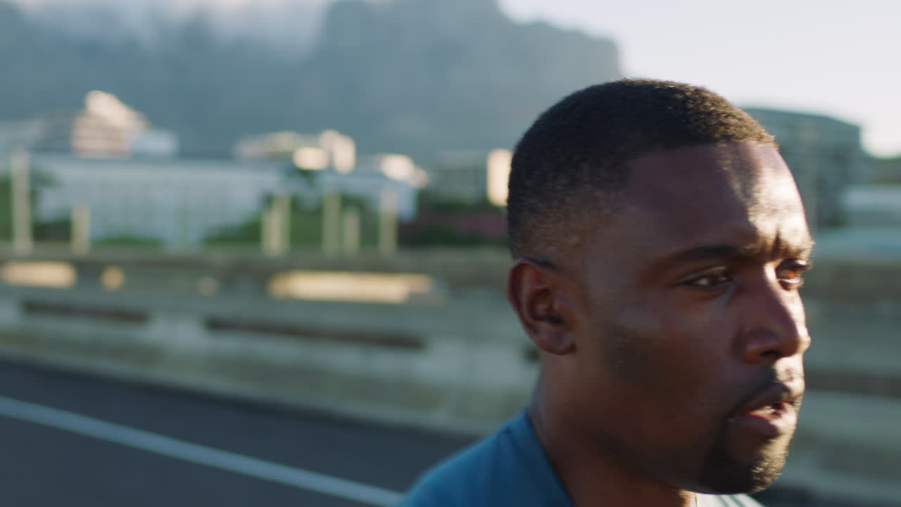 Fitness, workout and black man running in the city