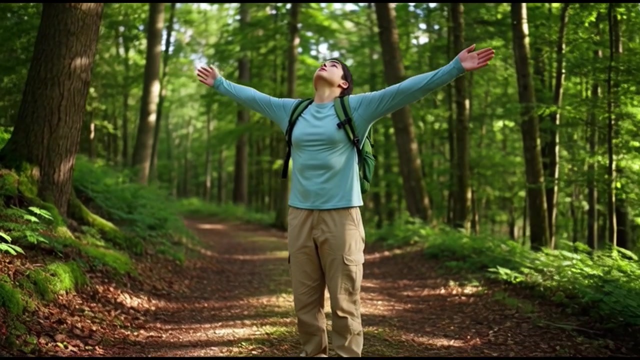 Jonge wandelaar geniet van de natuur en steekt de armen omhoog in het bos