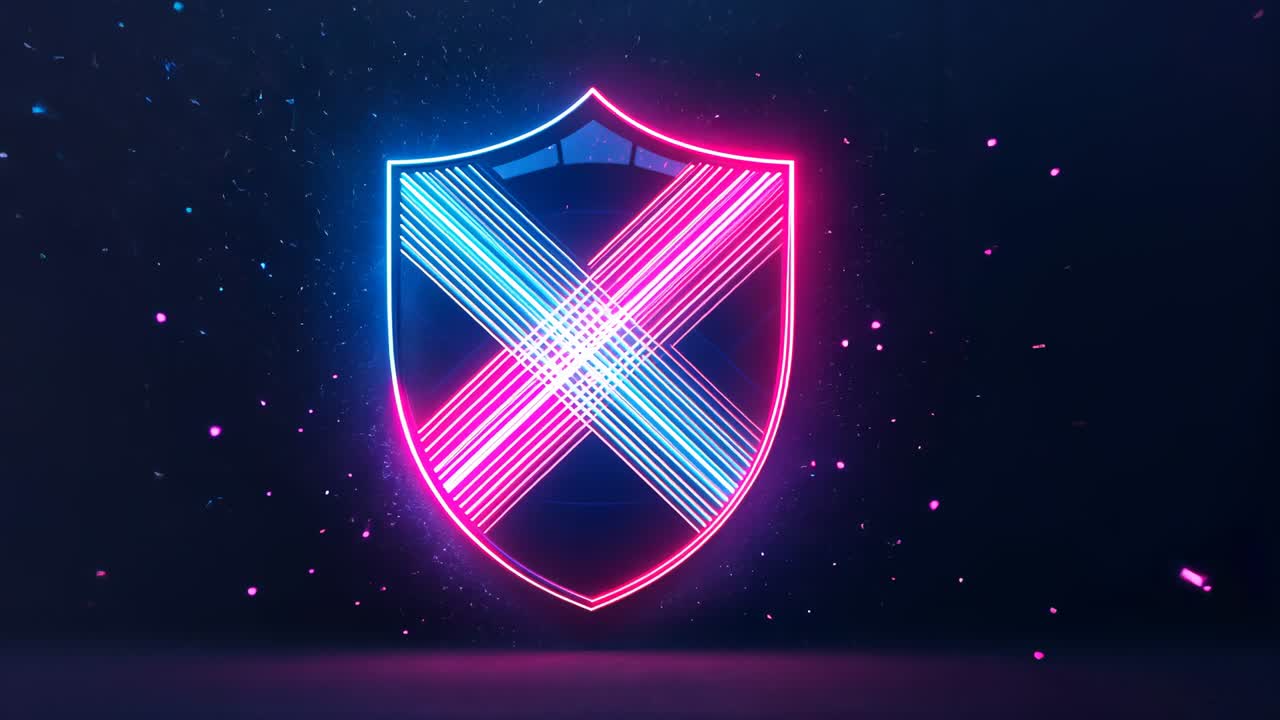 Starting border glowing neon shield icon in void, igniting cyan magenta fragments bursting, fading