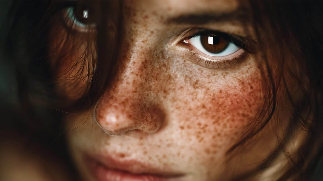 A Captivating Close-Up of a Freckled Face, Highlighting the Intricate Details of Natural Beauty and Expressive Eyes in Vivid Focus