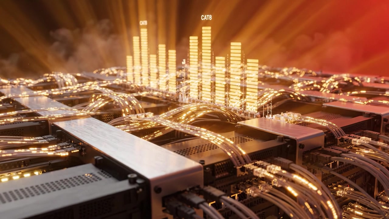 Rete avanzata di elaborazione dati con connessioni illuminate e analisi visiva che mostra metriche di performance in un ambiente ad alta tecnologia.