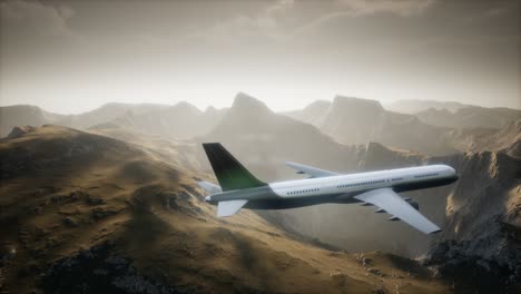 passenger aircraft over mountain landscape