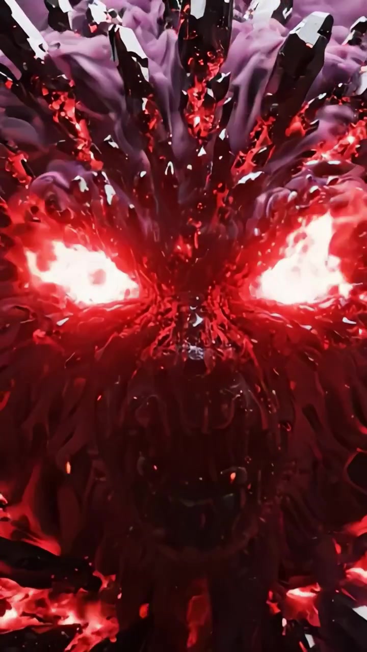A Haunting Transformation: A Dark and Mysterious Entity Surfaces from Depths of Chaos with Glowing Red Eyes and Swirling Purple Amidst Shattered Black Terrain