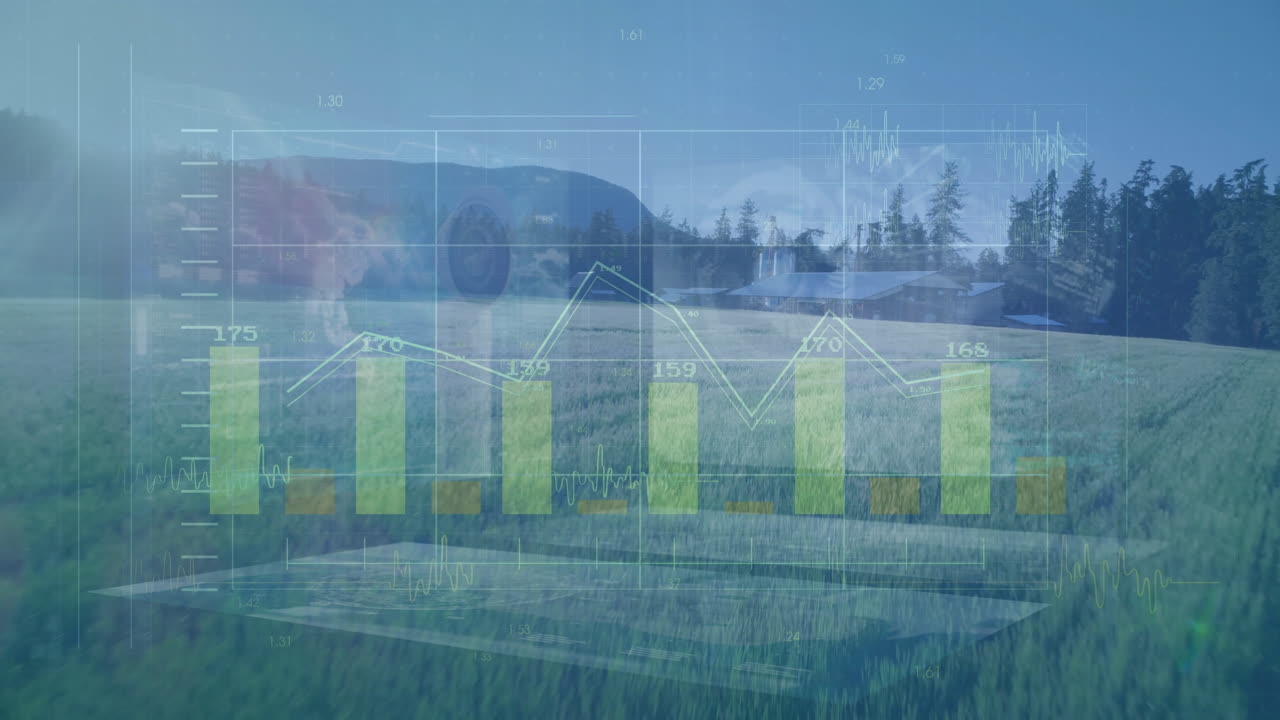 Bar graph and data analysis animation over scenic rural landscape with mountains