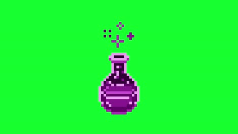 pixel art potion espumosa botella de veneno púrpura, diseño de juego retro 8 bits activo de video en azul oscuro y chroma clave de fondo de pantalla verde