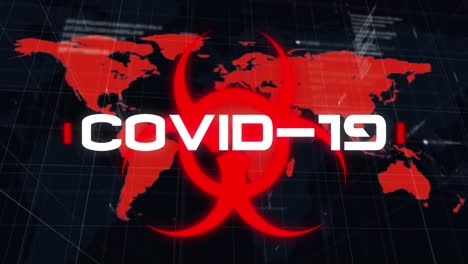 animación del procesamiento de datos de covid-19 sobre el símbolo de riesgo biológico y el mapa del mundo