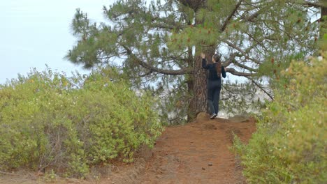 Slow-motion,-girl-walking-up-to-tall-tree,-gently-touching-tree-bark