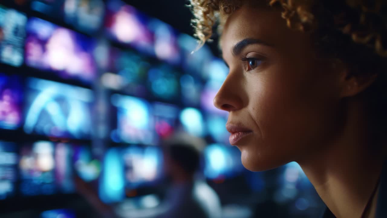 Donna concentrata che analizza i dati in un ambiente high-tech con diversi schermi che mostrano informazioni, mettendo in risalto la concentrazione e l'immersione tecnologica