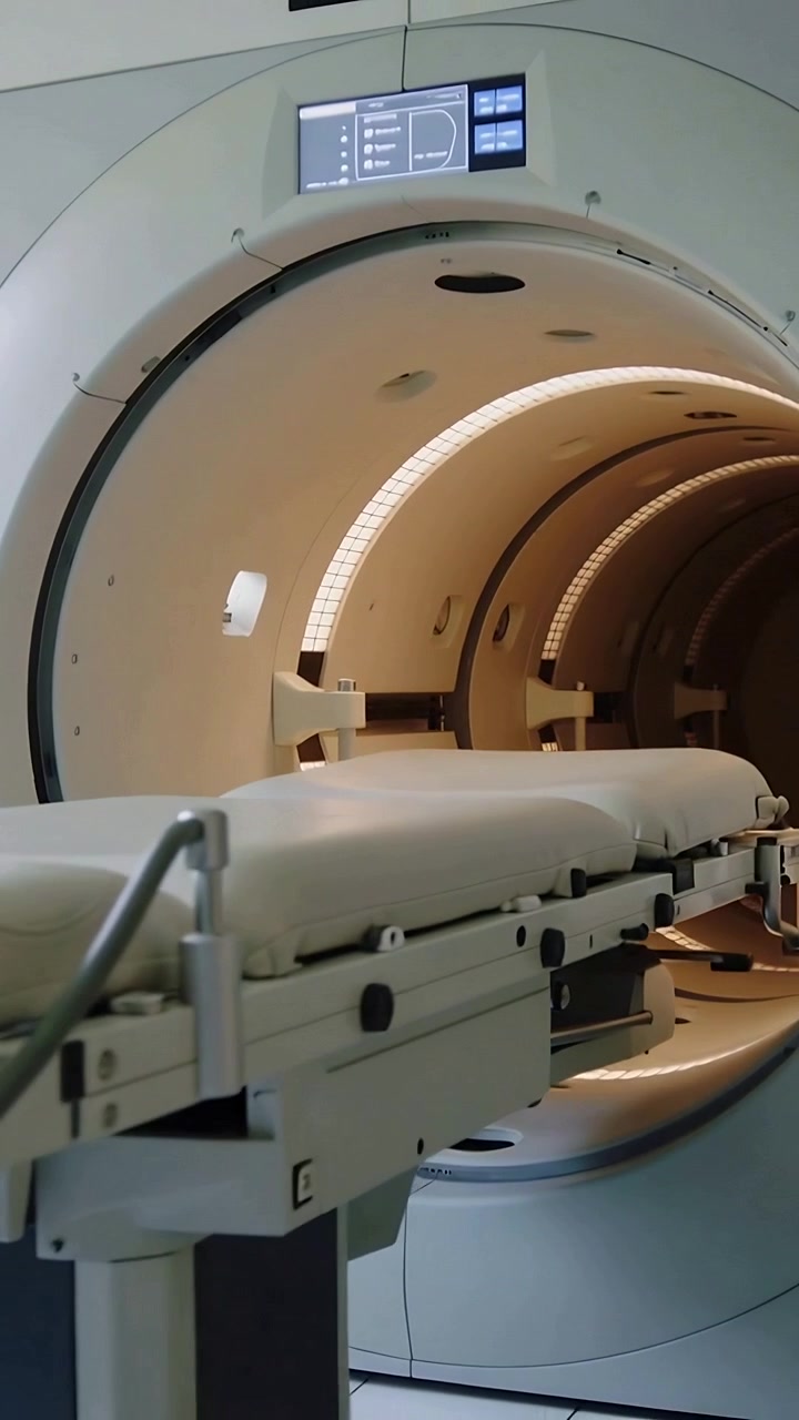Video verticale: Telecamera che si allontana riprendendo uno scanner TC con tavolo in una sala di scansione, con anello LED illuminato.