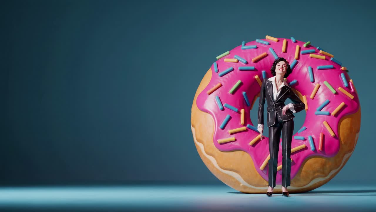 una mujer con una rosquilla gigante.