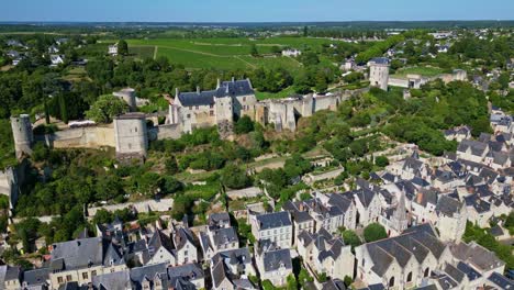 Smooth approaching drone movement to the historical monument Forteresse Royale de Chinon, Chinon, Indre-et-Loire, France