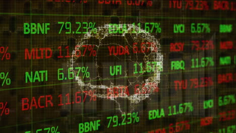 animación del tablero de negociación sobre gráfico y cerebro digital contra fondo negro.