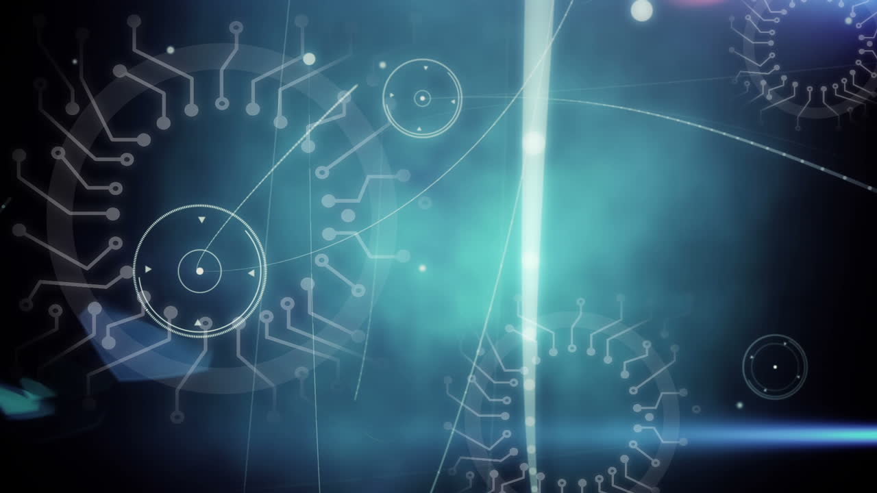 animación de la red de conexiones, conexiones de microprocesador contra el punto azul de luz