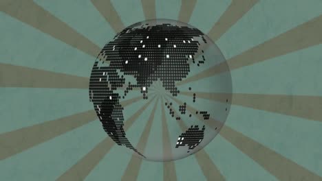 animación digital del icono del globo giratorio contra los rayos radiales en movimiento sobre fondo marrón