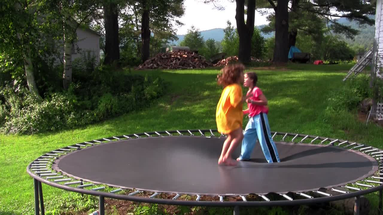 아이들은 뒤뜰의 트램폴린에서 뛰어 놀고 있습니다.
