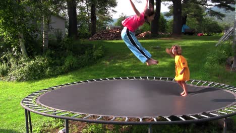 los niños saltan y juegan en el trampolín en el patio trasero