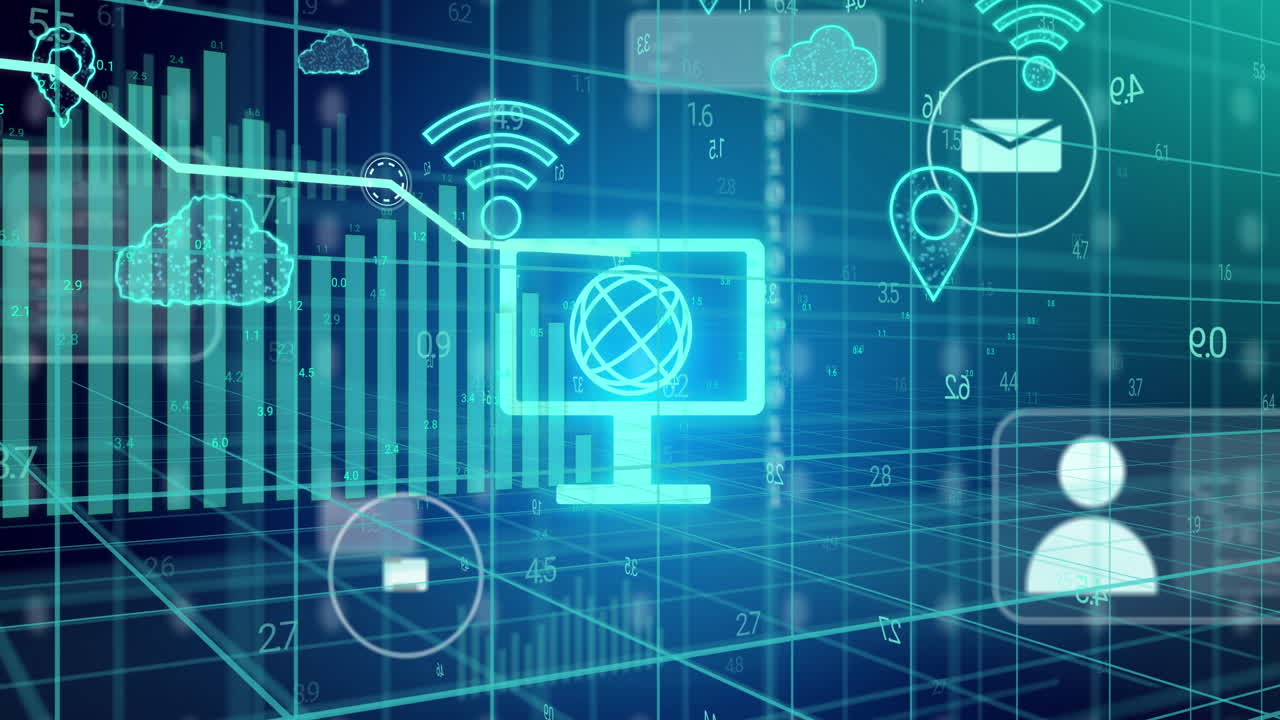 animación de iconos digitales y procesamiento de datos.