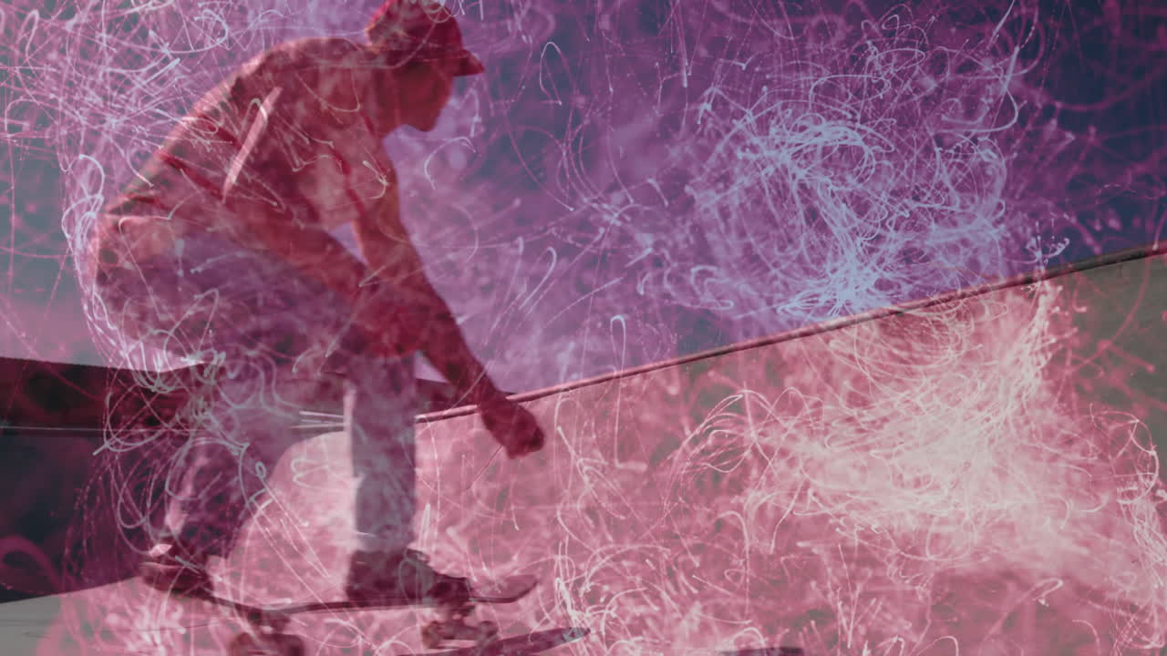 male skateboarder performing grind on ramp in sports marketing, with swirling pink light trails