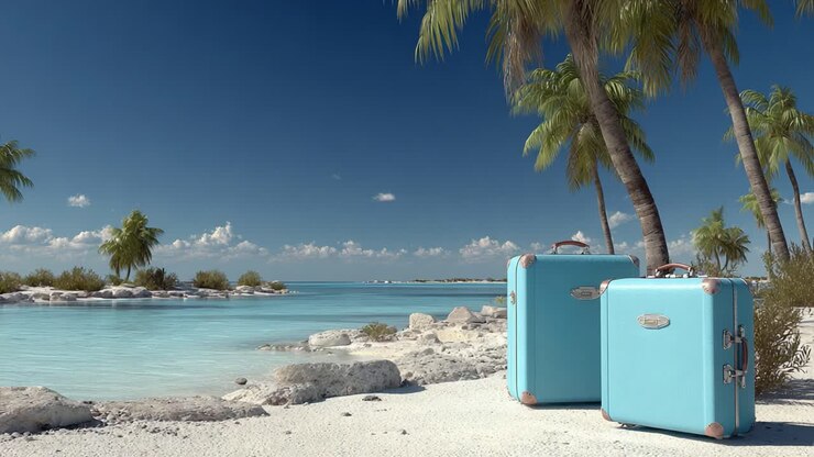 Een sereen tropisch paradijs: twee vintage koffers wachten op een avontuur aan de ongerepte kustlijn, omgeven door weelderige palmbomen en rustig water