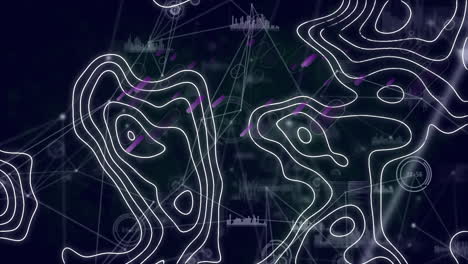 senderos de luz púrpura sobre la topografía y la red de conexiones sobre fondo negro