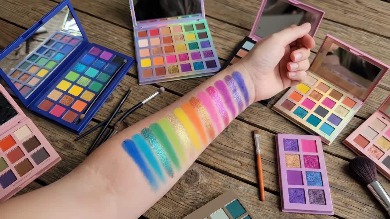 Colorful Eyeshadow Swatches on Arm with Makeup Palettes