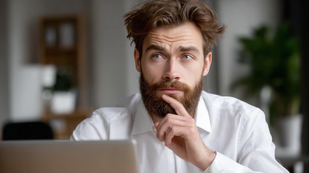 A thoughtful young man with a beard sitting at a desk, contemplating ideas and issues, showcasing a moment of deep concentration and decision-making at work