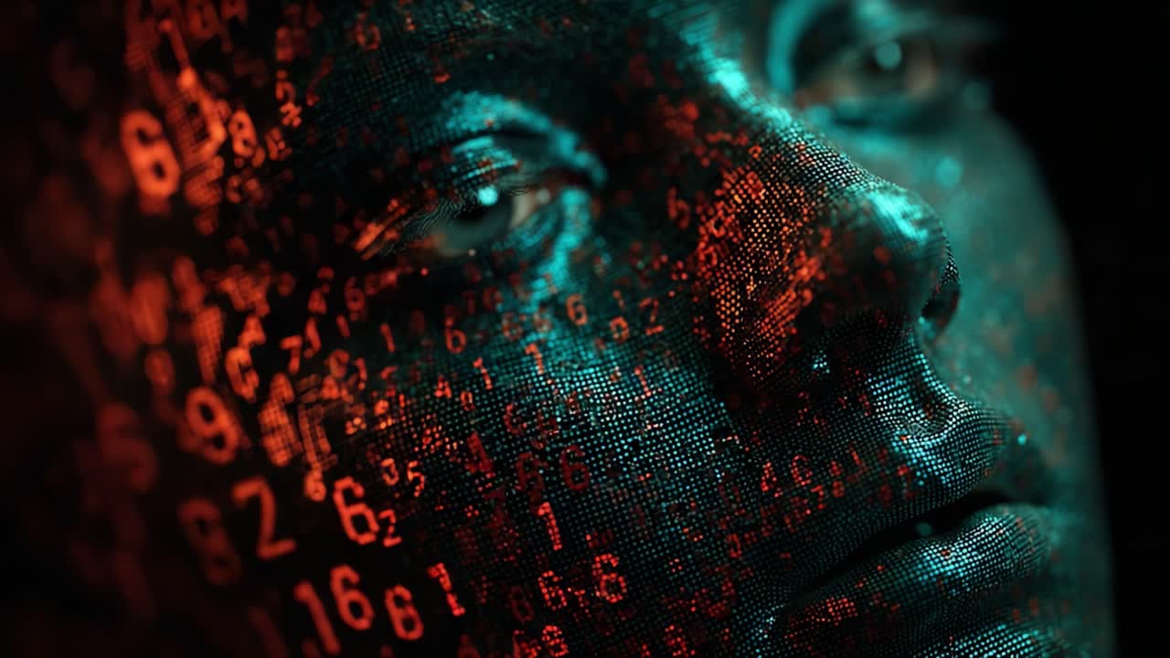 A Close-Up Exploration of Digital Aesthetics: An Abstract Portrait Merging Human Features with a Matrix of Bright Red and Blue Numeric Data, Capturing the Intersection of Technology and Emotion