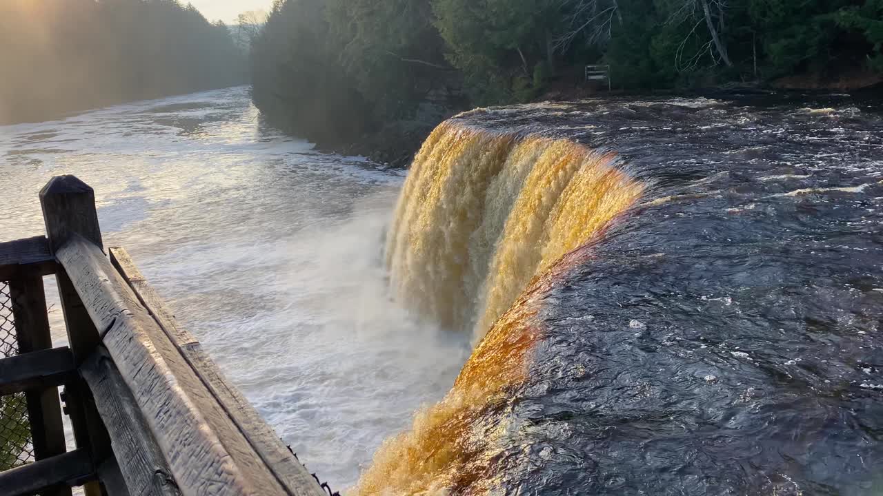 Tahquamenon Falls in the Upper Peninsula of Michigan at sunrise in slow motion