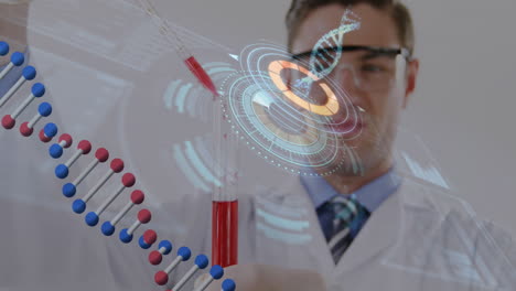 dna strands spinning and scope scanning against male scientist working in laboratory