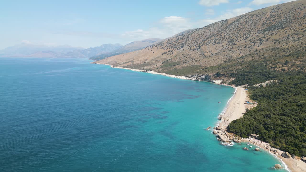 Drone panoramic overview of Albanian Riviera tropical paradise beaches