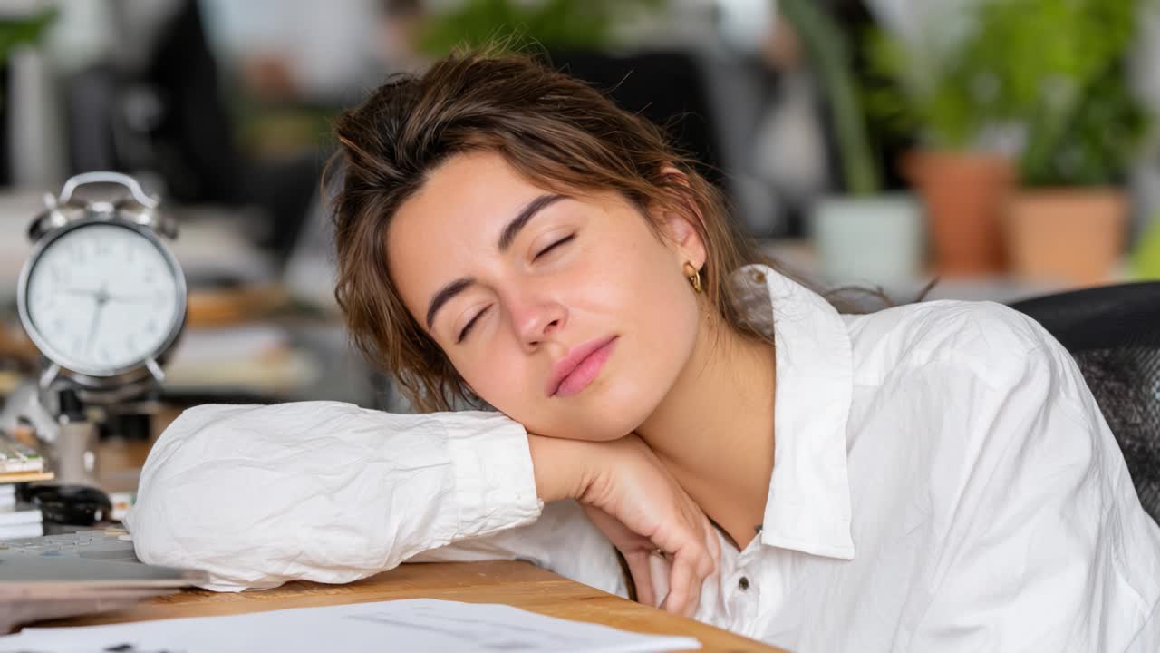 A Pensive Young Woman with a Delicate Expression Reflecting on Her Thoughts While Sitting at a Desk Surrounded by Plants and a Clock